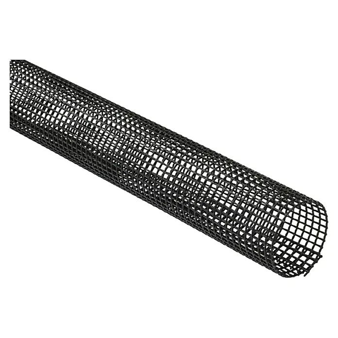 FunkeGruppe Laubfanggitter - Nennweite Zubehör Dachrinnen: 100 - 125 mm, Länge: 200 cm - Produktansicht eines schwarzen, röhrenförmigen Drahtgeflechts mit rechteckigen Maschen auf weißem Grund.