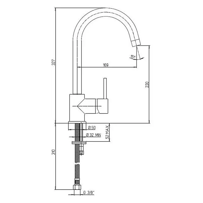 Kiamami Valentina Spültischarmatur - Cromato - Technische Zeichnung einer Einhebel-Küchenarmatur mit Bogenauslauf und Maßen, inklusive G 3/8" Anschluss.