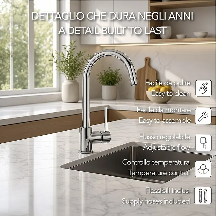 Kiamami Valentina Spültischarmatur - Cromato - Eine glänzende Chrom-Küchenarmatur mit gebogenem Auslauf und Einhebelgriff, installiert in einer modernen Küchenspüle.