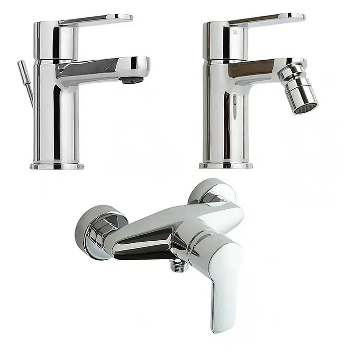 KV Set aus Chromarmaturen für Waschbecken, Bidet und Dusche | Nora -  - Set aus drei verchromten Armaturen: eine Waschtischarmatur, eine Bidetarmatur und eine Duscharmatur.
