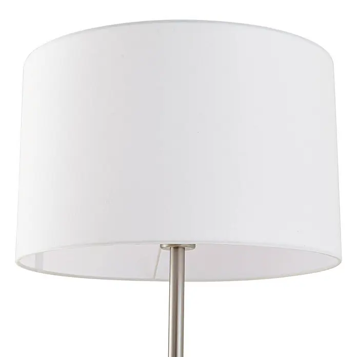 Lindby Stehlampe Wohnzimmer in nickel satiniert, creme, Stehleuchte -  - Zylindrischer Lampenschirm aus weißem Stoff, gestützt von einem gebürsteten Metallstab.