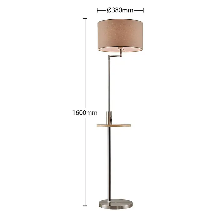 Lindby Stehlampe Wohnzimmer in nickel satiniert, beige, Stehleuchte -  - Stehlampe mit beigem Stoffschirm, gebürsteter Metallstange, hellem Holzablage und Ladeanschluss. H: 1600mm, Ø: 380mm.