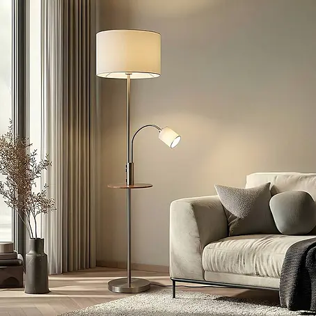 Lindby Stehlampe Wohnzimmer in nickel satiniert, creme, Stehleuchte