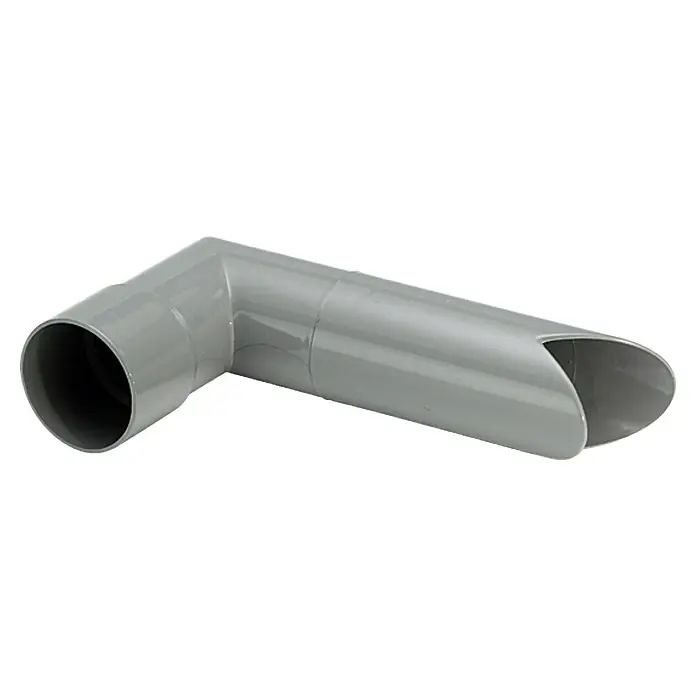 FunkeGruppe Speier - Nennweite: 50 mm, Grau - Graues PVC-Rohrstück mit 90-Grad-Biegung und offenem Ende für Wasserabfluss.