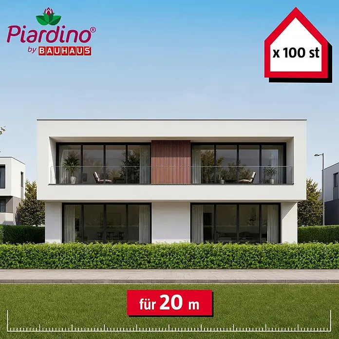 Piardino Rotbuche - Aktuelle Wuchshöhe: 80 cm - 100 cm, Fagus sylvatica, 100 Stk. - Üppige grüne Hecke vor einem modernen Haus, mit Produktetiketten 'x 100 St.' und 'für 20 m'.