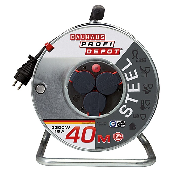 Profi Depot Plaatstalen kabelhaspel (3 standen, 40 m, 3.300 W)