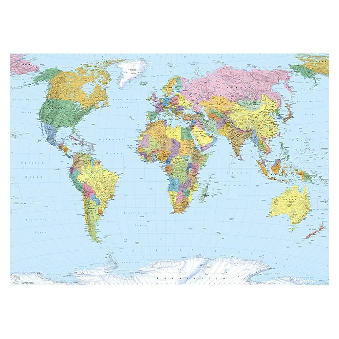 Komar Fototapete World Map - 4 -tlg., B x H: 254 x 184 cm, Papier - Bunte politische Weltkarte mit Ländergrenzen und Großstädten, die Kontinente und Ozeane zeigt.