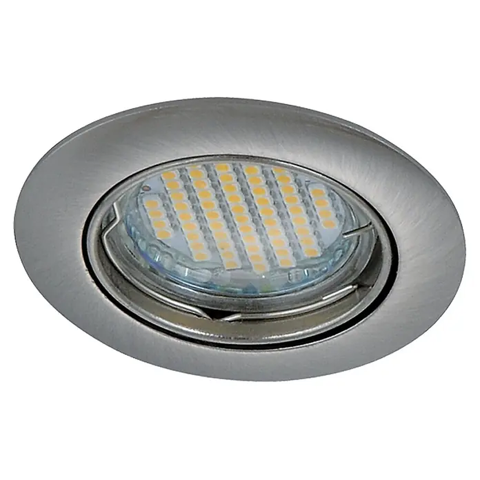 Tween Light Set de focos LED empotrables - 9,6 W, Níquel mate, Blanco cálido, IP44 - Primer plano de una lámpara de techo LED empotrada con un marco de metal cepillado, que muestra un diseño moderno y energéticamente eficiente.