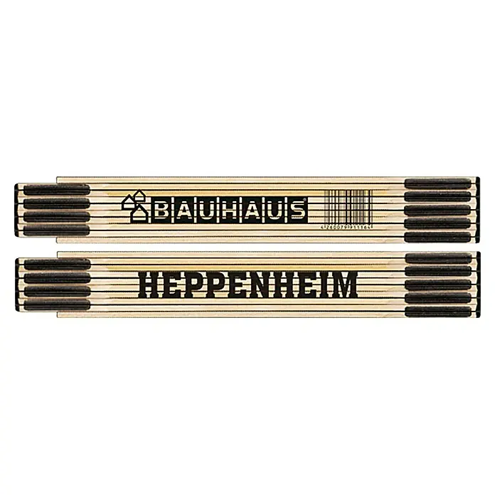 BAUHAUS Zollstock - Heppenheim, 2 m - Bild eines doppelten Zollstocks mit den Aufschriften "BAUHAUS" und "HEPPENHEIM", ein praktisches Werkzeug für präzise Messungen.