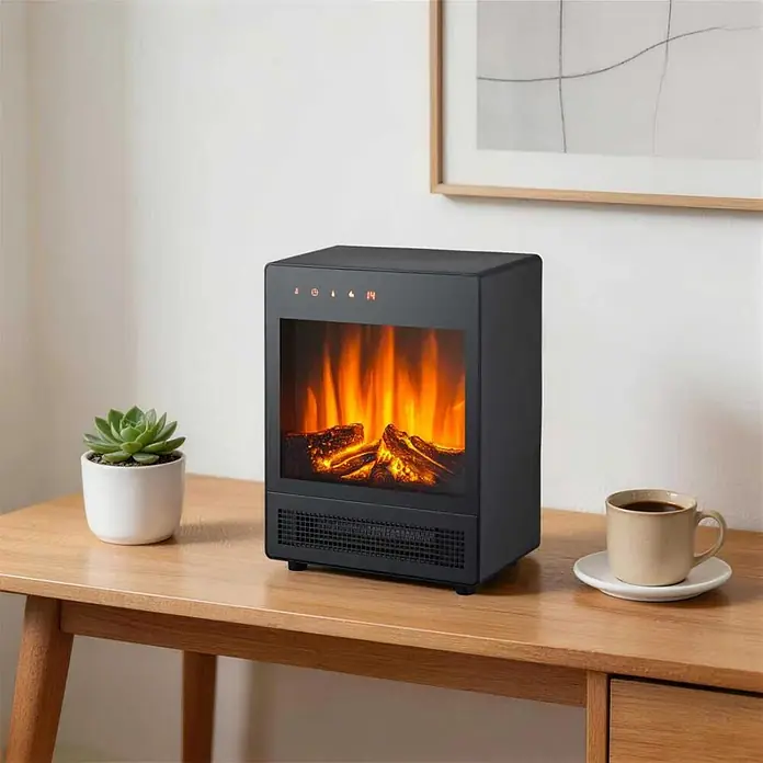 Chimenea eléctrica Mayon - 15,8 x 29,2 x 38,7 cm, Negro - Pequeño calefactor eléctrico negro con llamas artificiales realistas y leños brillantes, sobre un escritorio de madera.