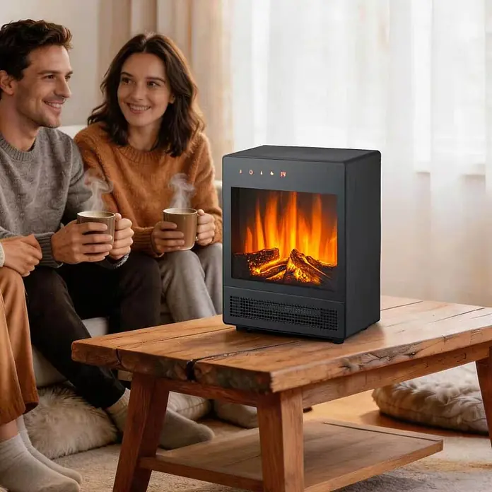 Chimenea eléctrica Mayon - 15,8 x 29,2 x 38,7 cm, Negro - Chimenea eléctrica negra con llamas realistas sobre mesa de madera, aportando calidez y ambiente en una sala acogedora.