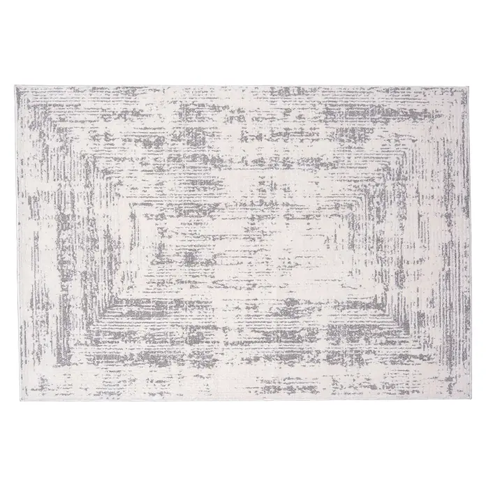 Alfombra de pelo corto Cuadros - Gris, 110 x 60 cm, 100% poliéster - Alfombra rectangular de color claro con patrones grises abstractos, formando un diseño de borde envejecido.