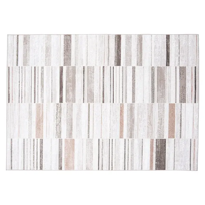 Alfombra de pelo corto Box - Natural, 230 x 160 cm, 100% poliéster - Alfombra rectangular con rayas verticales geométricas en tonos de blanco, beige, marrón y gris, con un patrón de bloques.