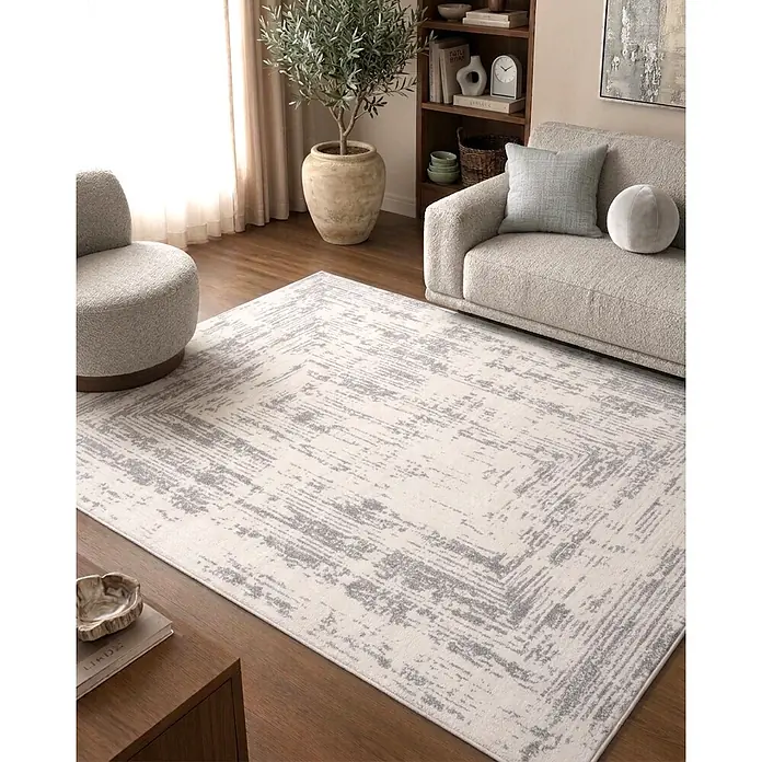 Alfombra de pelo corto Cuadros - Gris, 110 x 60 cm, 100% poliéster - Alfombra rectangular blanco roto con patrón abstracto gris en una sala de estar.