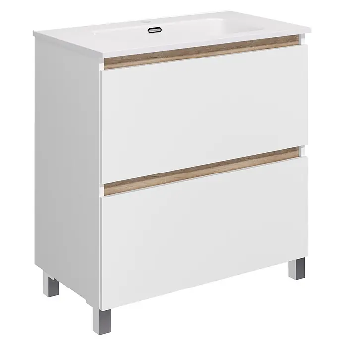 Conjunto de mueble de baño Eli - Ancho total del mueble de baño: 80 cm, Blanco, Mate, 2 pzs. - Mueble de baño blanco con lavabo integrado, dos cajones con detalles de efecto madera y patas grises.
