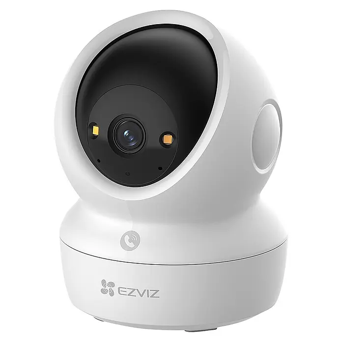 EZVIZ Cámara de vigilancia H6C - Blanco, Ángulo de detección: 360 °, Alcance de detección: 10 m - Cámara de seguridad EZVIZ blanca con lente negra y diseño pan/tilt, icono de llamada en la base.