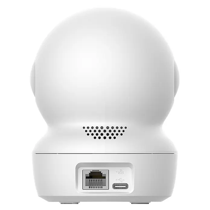 EZVIZ Cámara de vigilancia H6C - Blanco, Ángulo de detección: 360 °, Alcance de detección: 10 m - Vista trasera de una cámara inteligente blanca con puertos Ethernet y USB-C y rejillas de altavoz.