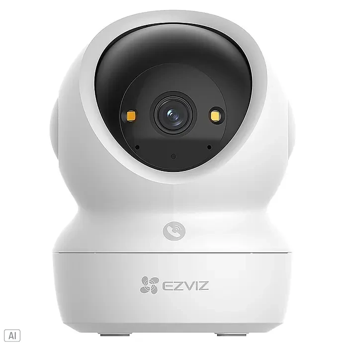 EZVIZ Cámara de vigilancia H6C - Blanco, Ángulo de detección: 360 °, Alcance de detección: 10 m - Cámara de seguridad interior EZVIZ blanca y giratoria con carcasa de lente negra y dos luces amarillas.