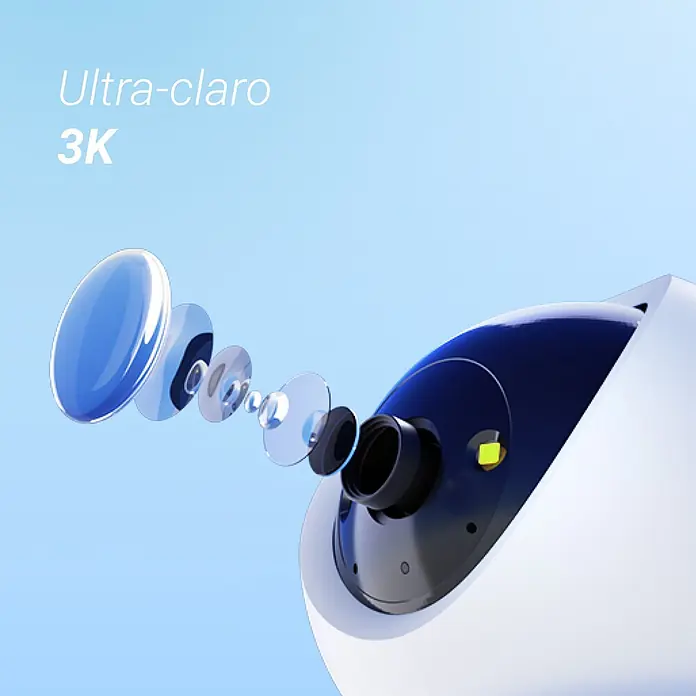 EZVIZ Cámara de vigilancia H6C - Blanco, Ángulo de detección: 360 °, Alcance de detección: 10 m - Vista explotada de una cámara de seguridad blanca mostrando sus lentes internas, destacando resolución 3K ultra-clara.