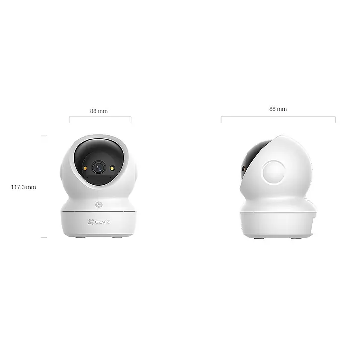 EZVIZ Cámara de vigilancia H6C - Blanco, Ángulo de detección: 360 °, Alcance de detección: 10 m - Cámara de seguridad EZVIZ blanca pan-tilt con cabezal móvil negro y luces indicadoras amarillas, con dimensiones.