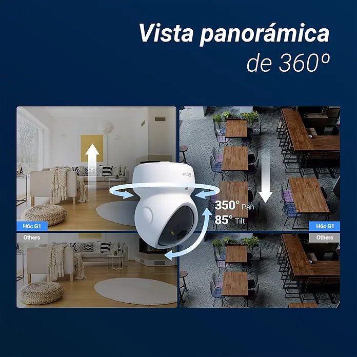 EZVIZ Cámara de vigilancia H6C - Blanco, Ángulo de detección: 360 °, Alcance de detección: 10 m - Cámara de seguridad blanca H6c G1 demostrando pan de 350° e inclinación de 85° para vistas panorámicas completas.