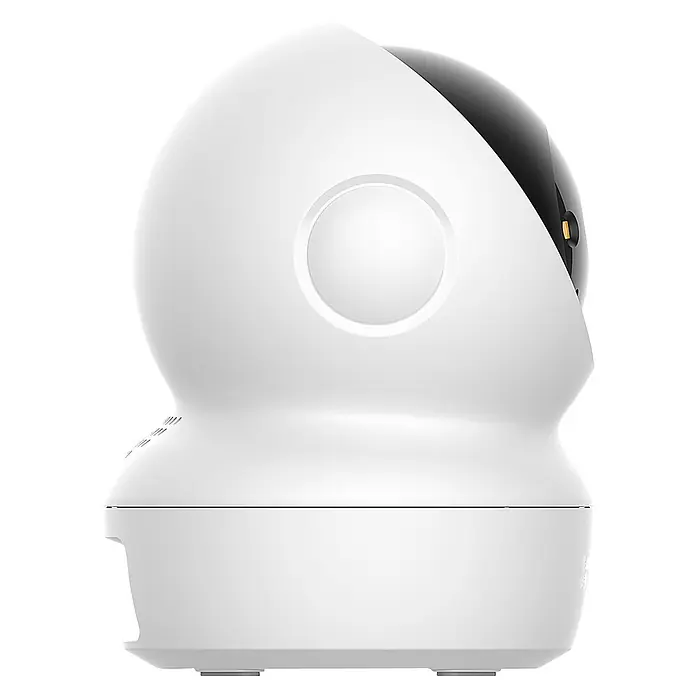 EZVIZ Cámara de vigilancia H6C - Blanco, Ángulo de detección: 360 °, Alcance de detección: 10 m - Cámara de seguridad blanca en forma de cúpula con sección de lente negra y base, vista lateral.