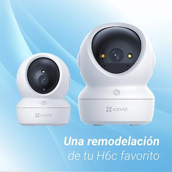 EZVIZ Cámara de vigilancia H6C - Blanco, Ángulo de detección: 360 °, Alcance de detección: 10 m - Dos cámaras de seguridad pan-tilt EZVIZ H6c blancas, una más grande y una más pequeña, mostrando su diseño.