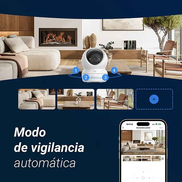 EZVIZ Cámara de vigilancia H6C - Blanco, Ángulo de detección: 360 °, Alcance de detección: 10 m - Cámara de seguridad blanca en una sala de estar, demostrando su modo de patrulla automática con múltiples puntos de vista (1-4) y la aplicación.