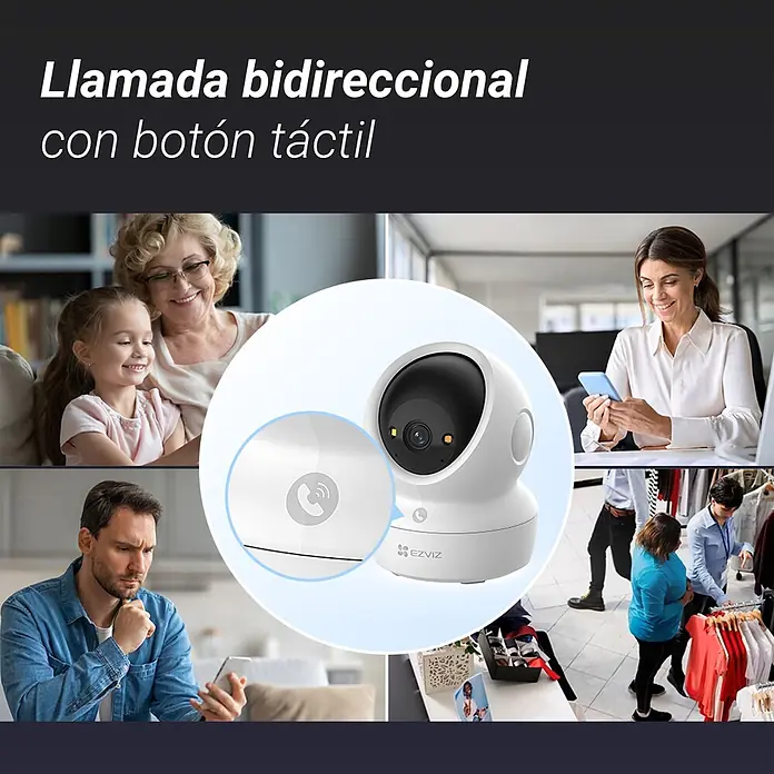 EZVIZ Cámara de vigilancia H6C - Blanco, Ángulo de detección: 360 °, Alcance de detección: 10 m - Cámara de seguridad EZVIZ blanca con lente negra y botón táctil de llamada para comunicación bidireccional.