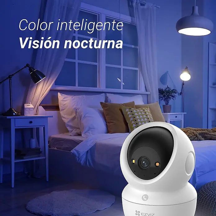 EZVIZ Cámara de vigilancia H6C - Blanco, Ángulo de detección: 360 °, Alcance de detección: 10 m - Cámara de seguridad blanca en un dormitorio, con visión nocturna a color inteligente.