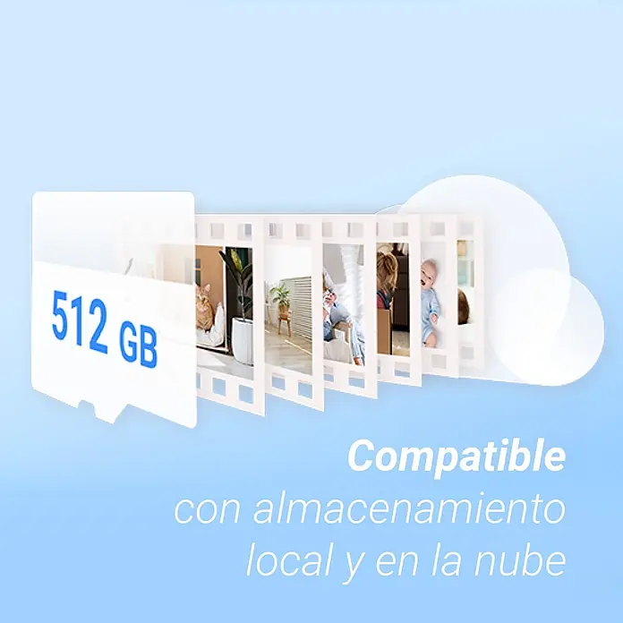 EZVIZ Cámara de vigilancia H6C - Blanco, Ángulo de detección: 360 °, Alcance de detección: 10 m - Tarjeta microSD blanca de 512 GB junto a una tira de fotos, ilustrando la compatibilidad con almacenamiento local y en la nube.