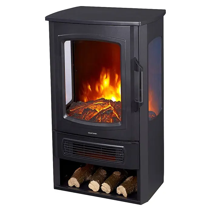 Fulmo Chimenea eléctrica Munich - 32,1 x 44,5 x 74 cm, Negro - Chimenea eléctrica negra con efecto de llama realista, brasas brillantes y un estante inferior para leña decorativa.