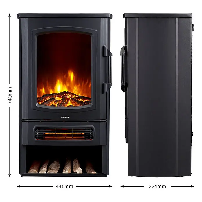Fulmo Chimenea eléctrica Munich - 32,1 x 44,5 x 74 cm, Negro - Chimenea eléctrica negra con llamas simuladas, calefacción y almacenamiento de leña. Dimensiones incluidas.