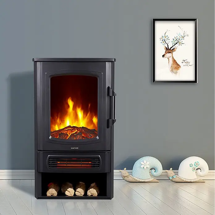 Fulmo Chimenea eléctrica Munich - 32,1 x 44,5 x 74 cm, Negro - Chimenea eléctrica negra con efecto de llama realista y almacenamiento de leña, funciona como calefactor.