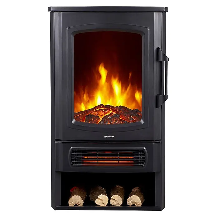 Fulmo Chimenea eléctrica Munich - 32,1 x 44,5 x 74 cm, Negro - Chimenea eléctrica negra con llama realista, brasas encendidas, rejilla de calefacción y leños decorativos debajo.