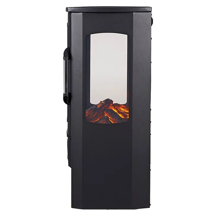 Fulmo Chimenea eléctrica Munich - 32,1 x 44,5 x 74 cm, Negro - Chimenea eléctrica negra con ventana transparente que muestra troncos luminosos artificiales.