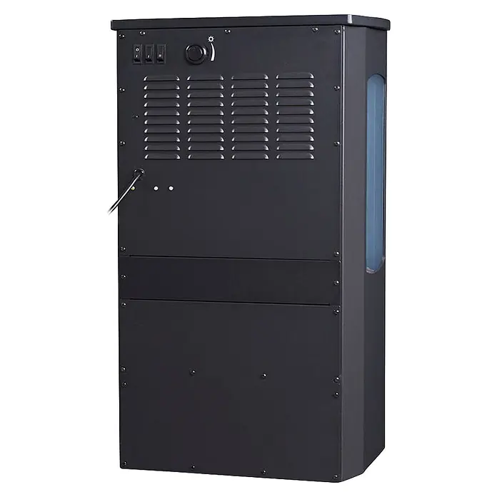 Fulmo Chimenea eléctrica Munich - 32,1 x 44,5 x 74 cm, Negro - Aparato de calefacción rectangular gris oscuro con panel trasero ventilado, interruptores de control, pomo giratorio e indicador lateral translúcido.