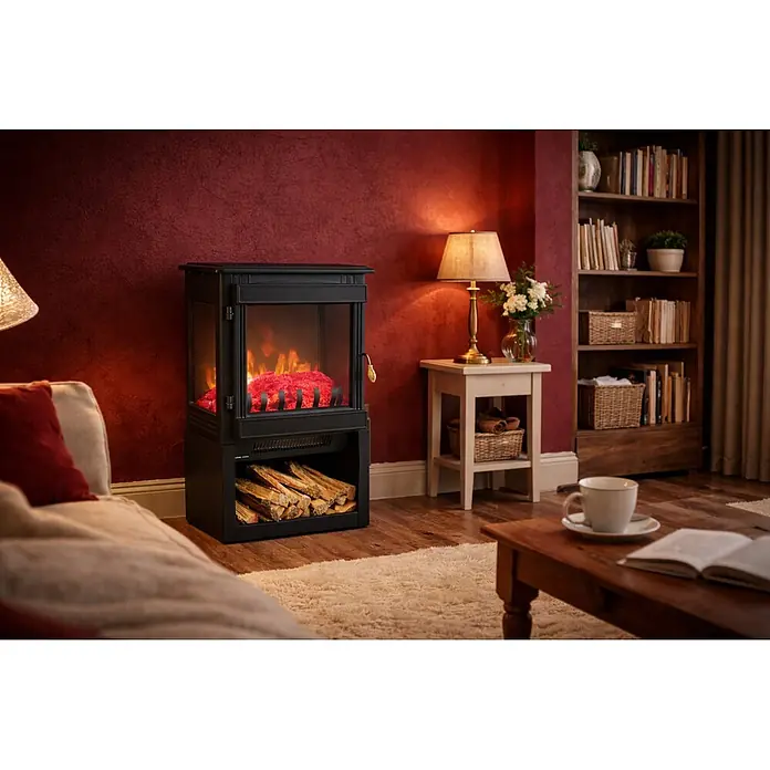 Fulmo Chimenea eléctrica Estocolmo - 28 x 41,5 x 74 cm, Negro - Chimenea eléctrica negra en un salón acogedor, con efecto de llama realista y compartimento para leña.