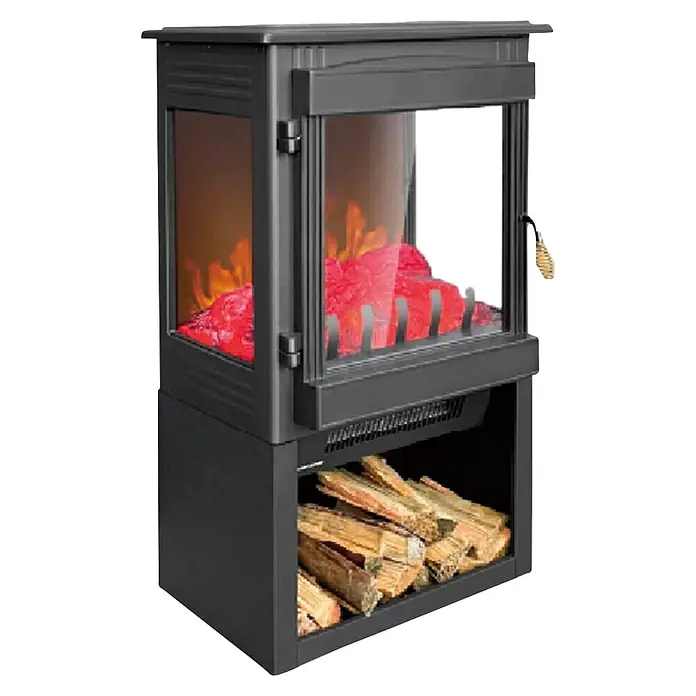 Fulmo Chimenea eléctrica Estocolmo - 28 x 41,5 x 74 cm, Negro - Chimenea eléctrica gris oscuro con puertas de vidrio, llamas realistas y compartimento inferior para leña.
