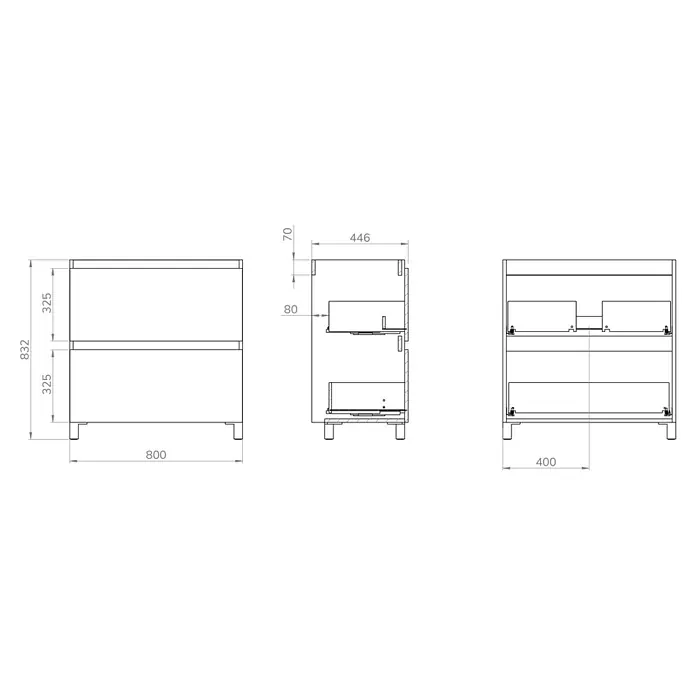 Conjunto de mueble de baño Eli - Ancho total del mueble de baño: 80 cm, Blanco, Mate, 2 pzs. - Dibujo técnico de un mueble bajo con dos cajones, 800x832x446mm.