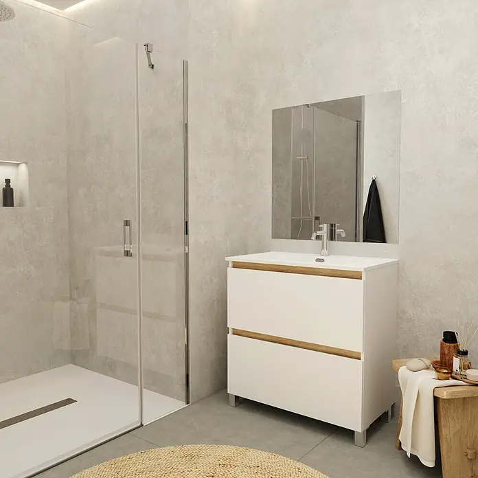 Conjunto de mueble de baño Eli - Ancho total del mueble de baño: 80 cm, Blanco, Mate, 2 pzs. - Mueble de baño blanco con lavabo y frentes de cajón con aspecto de madera natural en un baño moderno.