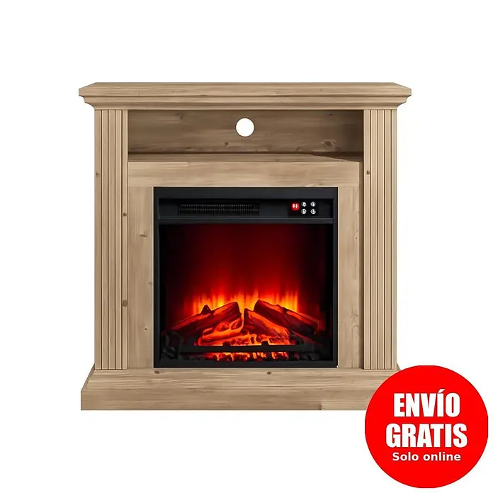 Purline Chimenea eléctrica CHE-905 - 30 x 82 x 77 cm, 1.800 W, Marrón/Negro - Chimenea eléctrica de madera clara con repisa y efecto de llama realista.