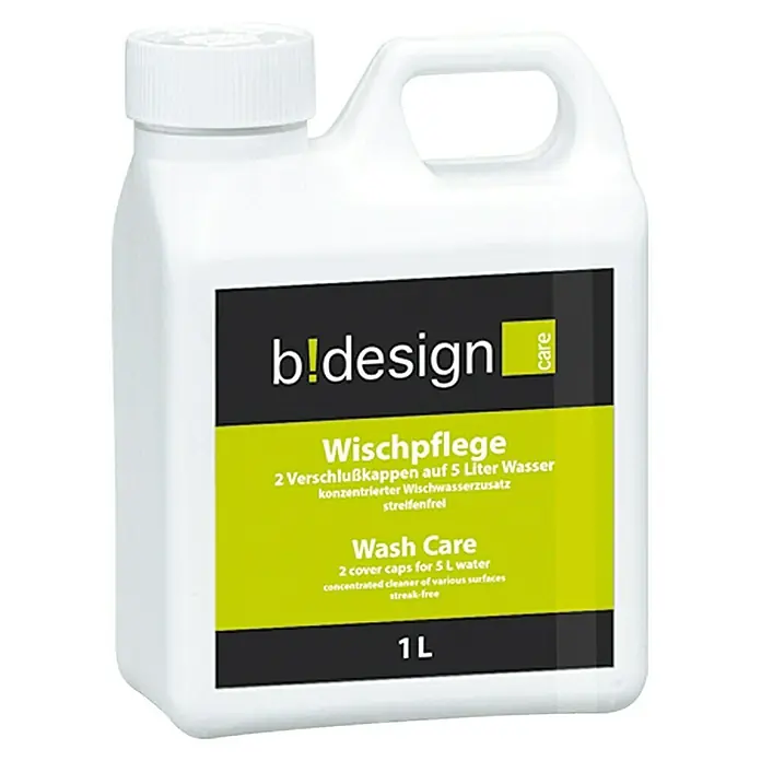 b!design Wischpflege - 1 l, Geeignet für: Vinylböden - Produktbild einer 1-Liter-Flasche b!design Wash Care, einem konzentrierten Reiniger für streifenfreie Oberflächen.