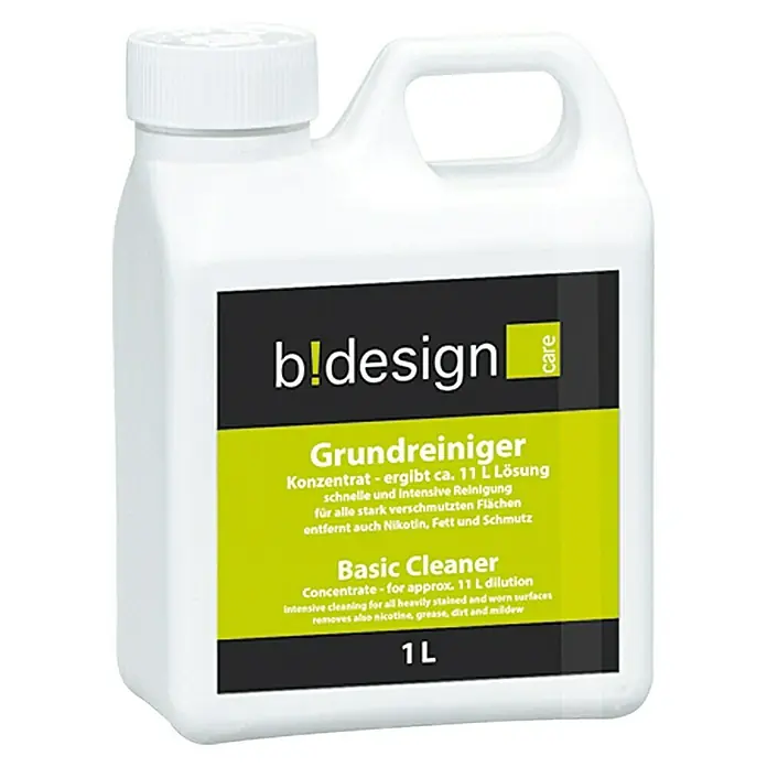 b!design Grundreiniger - 1 l, Geeignet für: Vinylböden - Produktbild eines "b!design Grundreiniger" Konzentrats in einer weißen 1L Flasche, geeignet für die Reinigung von stark verschmutzten Flächen.