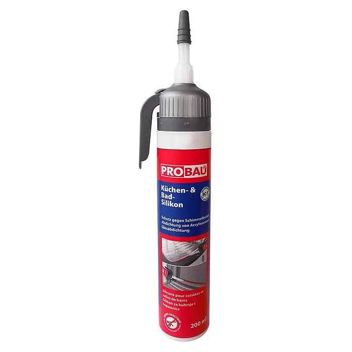 Probau Sanitär-Silikon - Weiß, 200 ml - PROBAU Küchen- & Bad-Silikon Dichtmasse in einer grau, weiß, rot und blau gestalteten Tube.