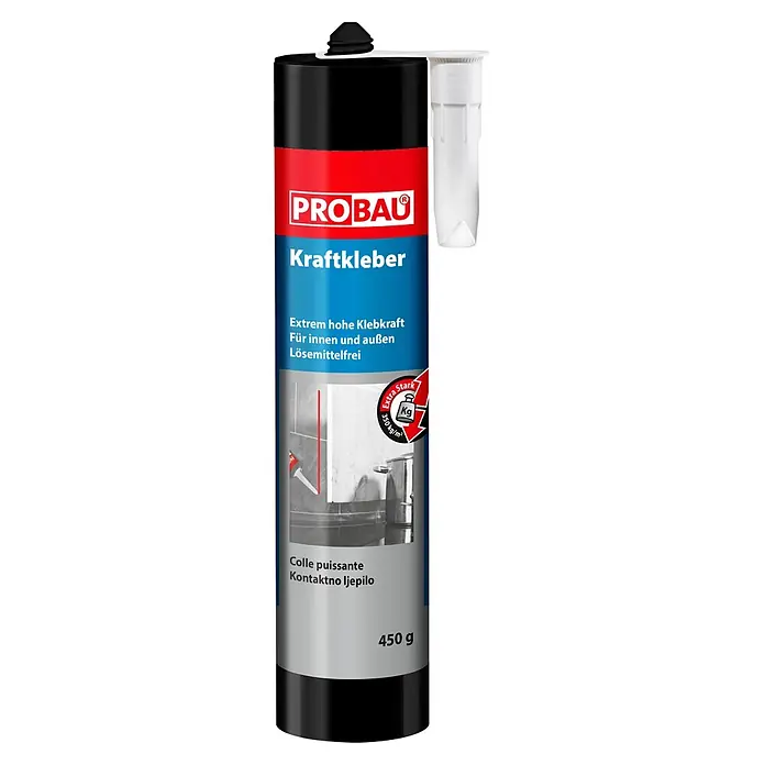 Probau Kraftkleber - 450 g - PROBAU Kraftkleber Kartusche, schwarz, rot und blau, mit weißer Düse. 450g, extra stark, lösemittelfrei, für innen und außen.