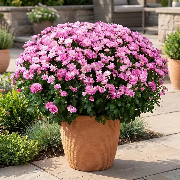 Piardino Herbst-Chrysantheme Dendranthema Hybride - Dendranthema Hybride, Topfgröße: 19 cm, Sortenabhängig - Ein großer Terrakottatopf voller leuchtend rosa Chrysanthemenblüten auf einer Steinpflasterung.