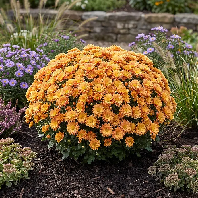 Piardino Herbst-Chrysantheme Dendranthema Hybride - Dendranthema Hybride, Topfgröße: 19 cm, Sortenabhängig - Leuchtend orangefarbene Chrysanthemenpflanze, dicht blühend, in einem Gartenbeet mit dunklem Mulch und Herbstpflanzen.