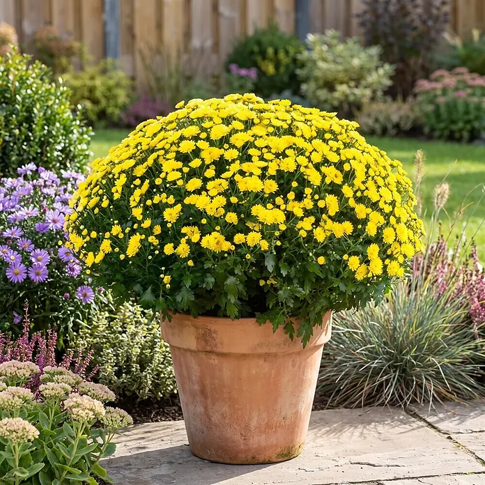 Piardino Herbst-Chrysantheme Dendranthema Hybride - Dendranthema Hybride, Topfgröße: 19 cm, Sortenabhängig - Große gelbe Chrysanthemenpflanze in Terrakottatopf auf Gartenterrasse.