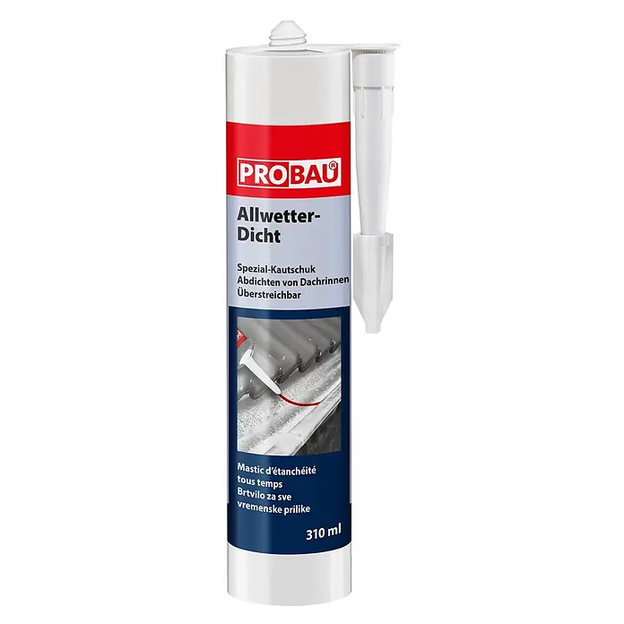 Probau Silikon Allwetter-Dicht - Transparent, 310 ml - Weiße Dichtstoffkartusche mit rotem und blauem Etikett, 310 ml. Allwetter-Dichtmasse für Dachrinnen, überstreichbar.